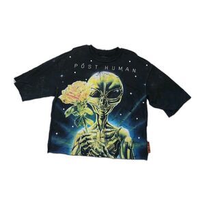 First Row Post Human Alien Graphic T Shirt Oversized Women’s S Black Dual Sided